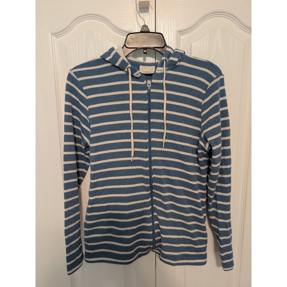 L.L. Bean Womens Blue & White Stripe Zip Front Long Sleeve Hoodie Sweater Small